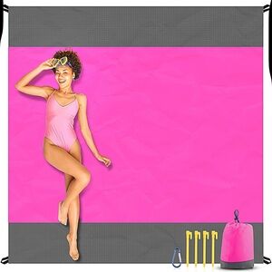 Oversized Sand-proof Beach Blanket- Pink & Gray (with Accessories)